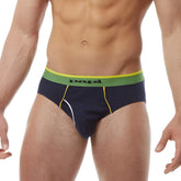 Navy blue papi heritage clasico hip brief underwear with green waistband and yellow side stitching size m