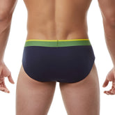 Navy blue papi heritage clasico hip brief swim trunks with green and yellow striped waistband size m back view