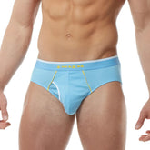 Light blue men’s briefs with yellow and white trim and a branded waistband from papi heritage clasico hip brief 3 pack