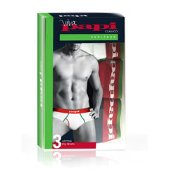 Viva Papi clásico three-pack cotton hip briefs in white with red and green trim size M for comfortable everyday wear