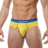 Bright yellow papi brand hip briefs with blue waistband red trim and gold logo from 3 pack heritage clasico underwear