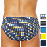 Blue and yellow polka dot swim trunks with dark navy base from papi low rise brief underwear pack size m