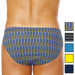 Blue and yellow polka dot swim trunks with dark navy base from papi low rise brief underwear pack size m