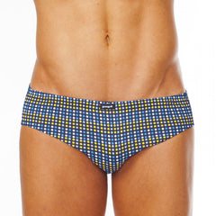 Blue and yellow polka dot men’s swim trunks with black brand tag from papi assorted low rise brief underwear pack size m