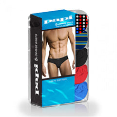 A 5 pack of papi assorted low rise brief underwear in black red and blue designed for men size medium