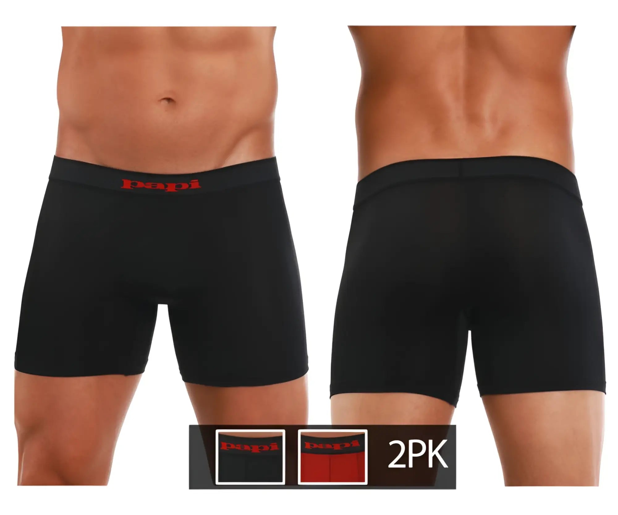 Black mens boxer briefs two-pack with red dmp waistband branding in solid black for everyday comfort and support