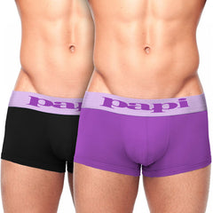 Purple and black papi brand Brazilian boxer briefs with lavender waistband and papi logo in size medium