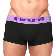 Black briefs with purple waistband featuring papi logo in matching purple lettering modern stretch cool fabric