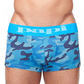 Blue and navy camouflage pattern boxer briefs with bright blue waistband featuring papi brand name size m
