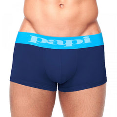 Navy blue papi brand briefs with bright turquoise waistband featuring papi logo in white from 2 pack incognito brazilian trunks boxer briefs size m
