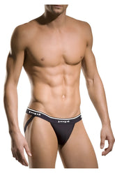 Black men’s briefs with white elastic waistband featuring papi logo in black red and turquoise 1x1 rib jockstrap style
