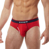 Red papi brand hip briefs with navy blue waistband and white stitching in a 3 pack heritage clasico set size M