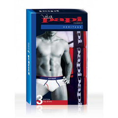 Papi three pack heritage clasico cotton hip briefs in white with navy and red trim size medium