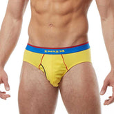 Bright yellow papi brand hip briefs with blue waistband red trim and gold logo from 3 pack heritage clasico underwear