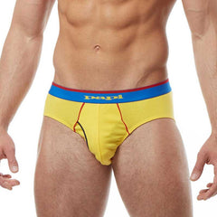 Bright yellow papi brand hip briefs with blue waistband red trim and gold logo from 3 pack heritage clasico underwear