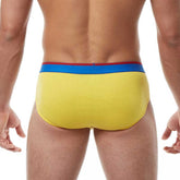 Bright yellow papi heritage clasico hip brief underwear with blue and red striped waistband size m