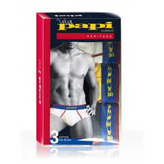 Papi 3 pack heritage clasico cotton hip briefs in white with red and yellow trim size medium front view