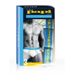 Blue and white cotton briefs with yellow branding in a viva papi clásico heritage box 3 pack size m