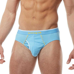 Light blue men’s briefs with yellow and white trim and a branded waistband from papi heritage clasico hip brief 3 pack