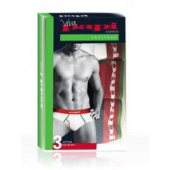 Viva Papi clásico three-pack cotton hip briefs in white with red and green trim size M for comfortable everyday wear