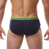 Navy blue papi heritage clasico hip brief swim trunks with green and yellow striped waistband size m back view