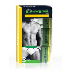 Papi 3 pack heritage clasico white cotton hip briefs with green and black trim in yellow and navy packaging size m