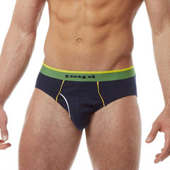 Navy blue papi heritage clasico hip brief underwear with green waistband and yellow side stitching size m