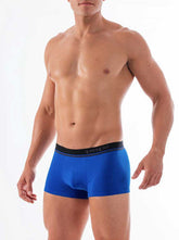 Blue men’s cotton stretch boxer briefs with black elastic waistband featuring the Papi brand name size S