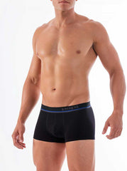Black cotton stretch boxer briefs with navy blue gray elastic waistband and basic branding size small