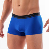 Bright blue cotton stretch mens briefs with black elastic waistband and gray papi brand logo size small