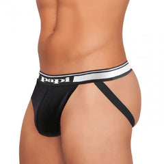 Black papi brand cotton stretch essentials jockstrap underwear in black with white and silver striped waistband size l