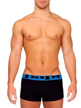 Black papi brazilian trunk underwear with blue elastic waistband and dapper brand name in white size m