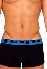 Black papi brazilian trunk underwear with bold blue elastic waistband and pap logo in black lettering size m