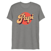 Gray heathered t-shirt with bold retro-style papi graphic in beige and black on an orange circular background