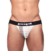 White and gray plaid microflex jock strap underwear with black waistband and papi logo in size large