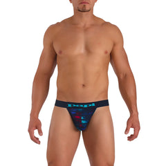 Dark blue papi microflex singles stripe thong underwear with vibrant red and teal abstract geometric pattern size s