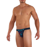 Navy blue and teal patterned Papi microflex singles stripe thong underwear with bold graphic design size S