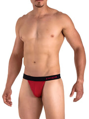 Red men’s briefs with black elastic waistband featuring papi player’s club logo in red lettering size m