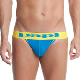 Bright blue papi solid cross roads performance jock strap underwear with bold yellow waistband and teal papi logo size l