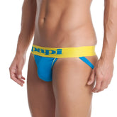 Bright blue and yellow papi solid cross roads performance jock strap underwear with bold contrasting colors size l