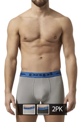 Gray papi boxer briefs with blue elastic waistband featuring papi logo in alloy black microflex brazilian trunks