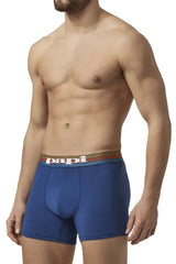 Blue papi microflex brazilian boxer briefs in blue-black with striped waistband shown from front side