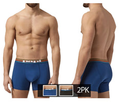 Blue papi microflex Brazilian boxer briefs in blue with a brown waistband featuring the papi logo in white lettering