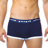 Navy blue papi viva heritage Brazilian trunk underwear with white trim and colorful flag patterned waistband size S