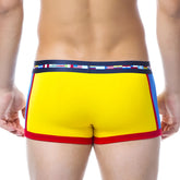 Bright yellow men’s briefs papi viva heritage brazilian trunk with red blue side panels and navy flag waistband size s