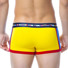 Bright yellow men’s briefs papi viva heritage brazilian trunk with red blue side panels and navy flag waistband size s