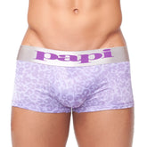 Purple leopard-print men’s briefs with silver papi waistband designed as wild thing jaquard techno boxer trunks