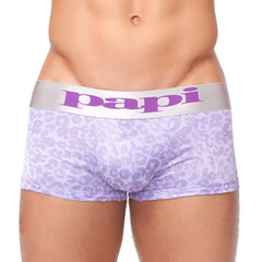 Purple leopard-print men’s briefs with silver papi waistband designed as wild thing jaquard techno boxer trunks