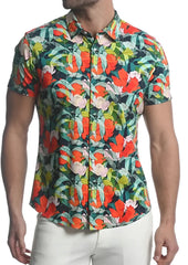 Paradise stretch knit shirt vibrant tropical print short-sleeved button-up with bold orange pink flowers on dark green leaves