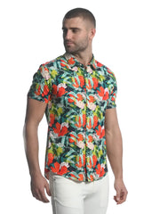 Paradise stretch knit shirt vibrant tropical print short-sleeved button-up in bold red pink and green hues